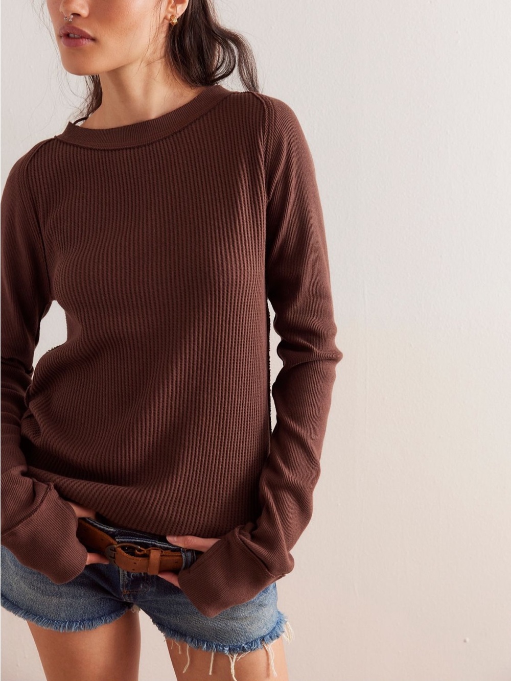 Free People Care Honey B Crewneck Thermal Brown Waffle Knit
